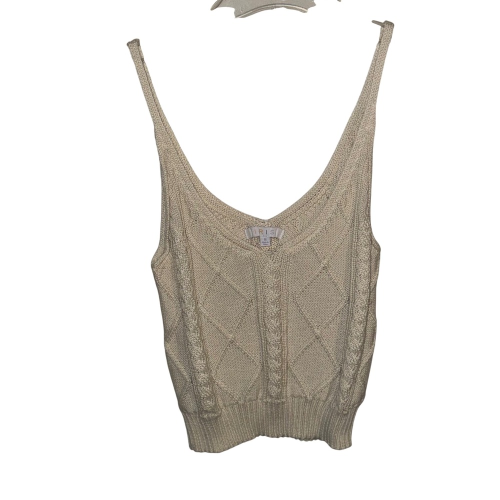 Iris Cream Cable Knit V-Neck Sweater Tank Top Sleeveless Diamond Pattern Medium
